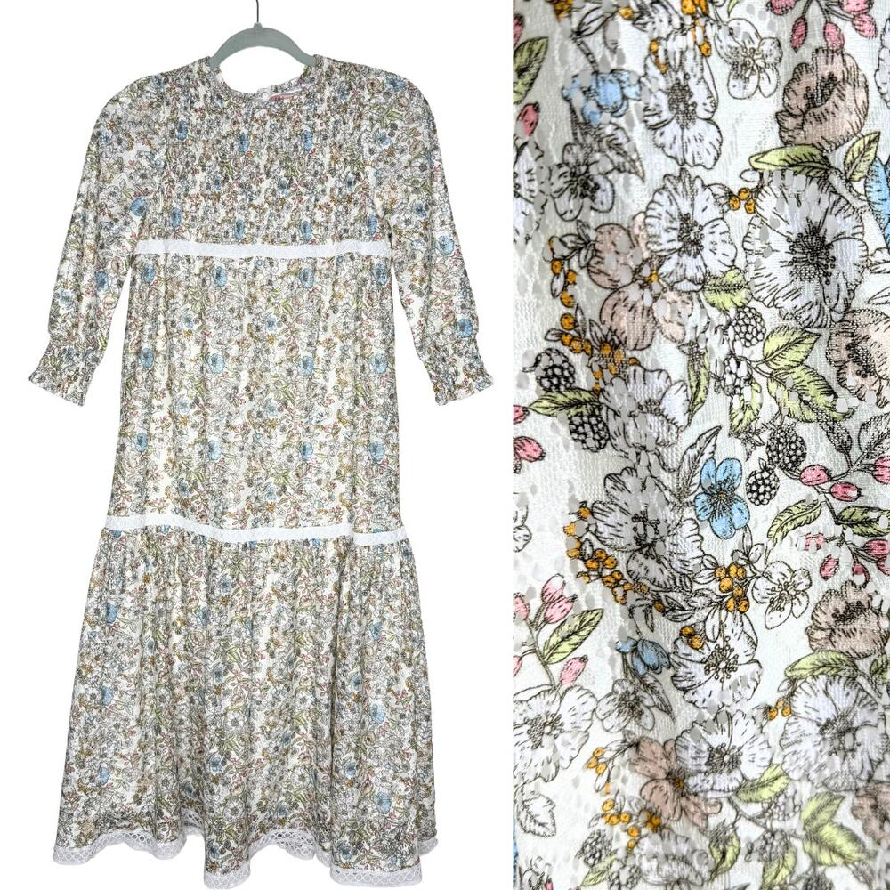 Udel New York Long Sleeve Crochet Floral Smocked Midi Dress XXS Cottagecore